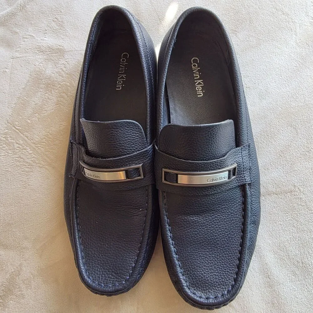 Calvin Klein Men's Navy Blue Leather Loafer Slip On Square Toe Logo Metal Bar